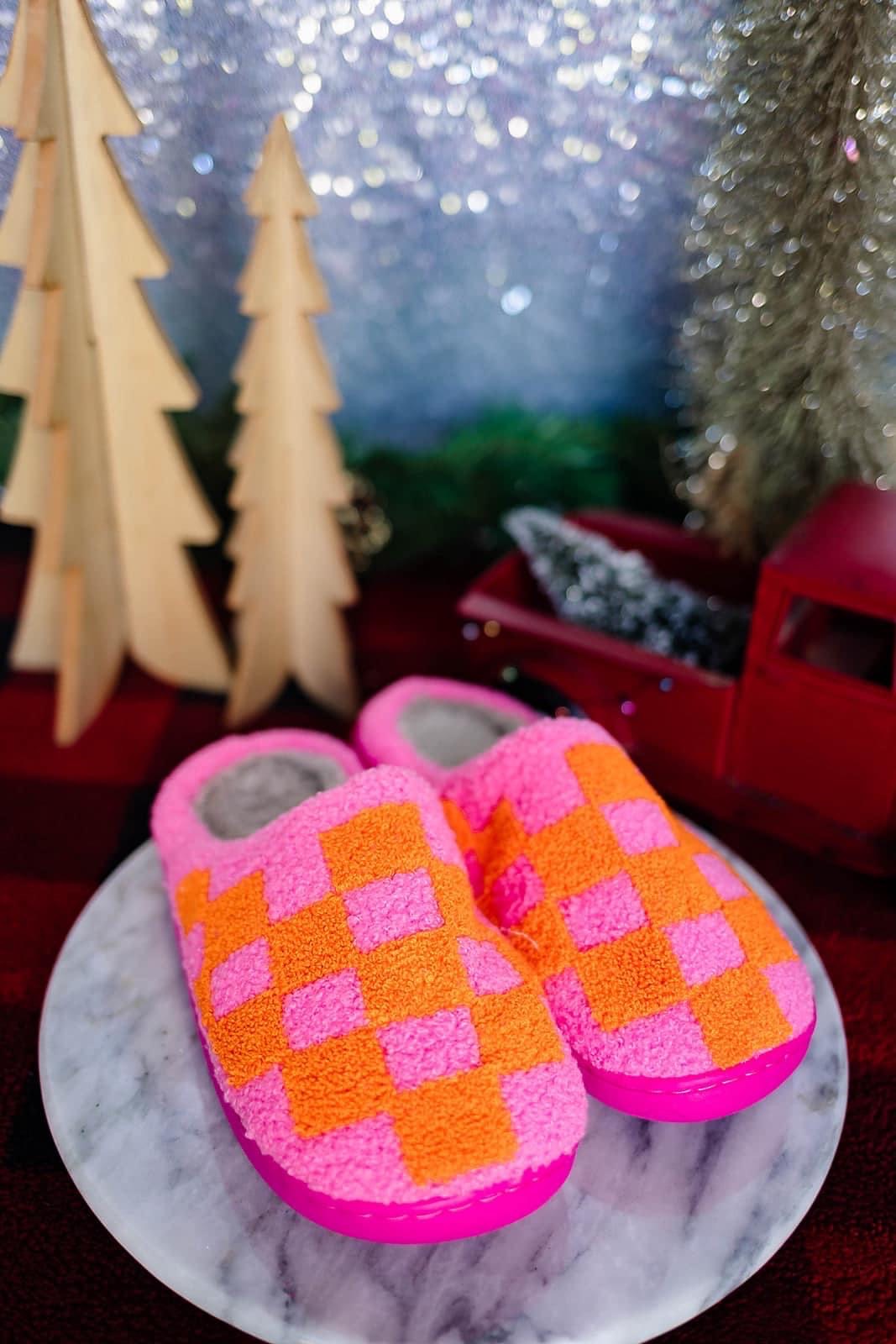 Pink and Orange Checkered Plush Slippers